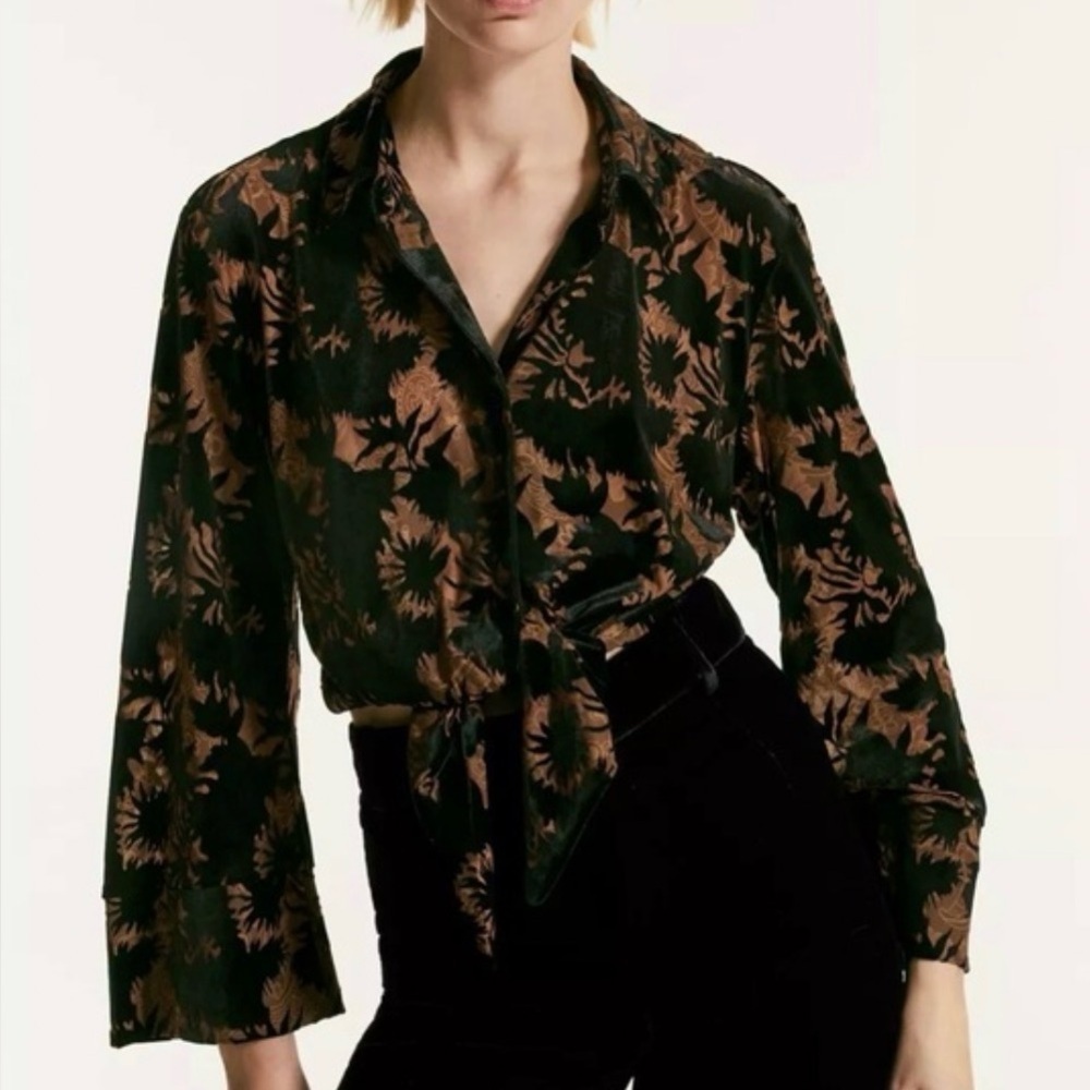 NWT Zara Semi Sheer Velvet Wrap Button Up Top
